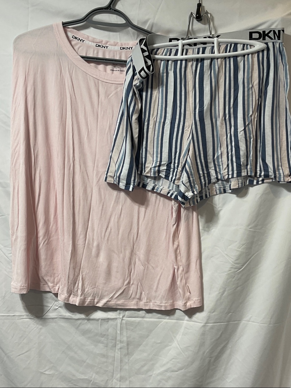 DKNY Light Pink Lounge Set.  Ribbed Top with Blue & White Striped Shorts